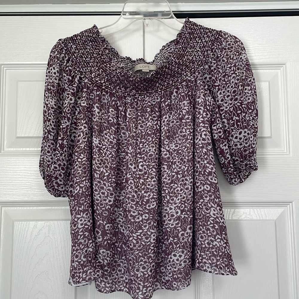 LOFT Blouse Womens Petite XSP Micro Floral short Puff Sleeves Lined top EUC